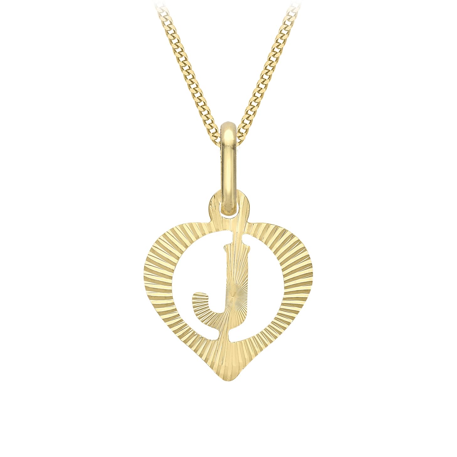 CARISSIMA Women's 9ct Yellow Gold Diamond Cut 'J' Initial Heart Pendant on Curb Chain - 46cm/18'