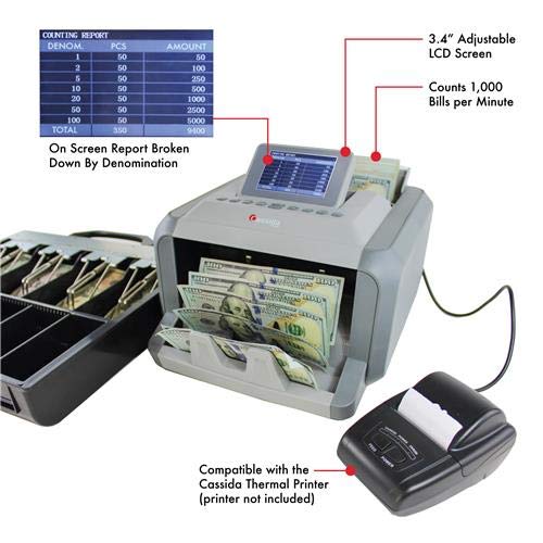 Cassida 7750R Mixed Denomination Money Counter Machine and Value Bill Reader with Counterfeit Detector UV, MG, Infrared, Size & Image Recognition