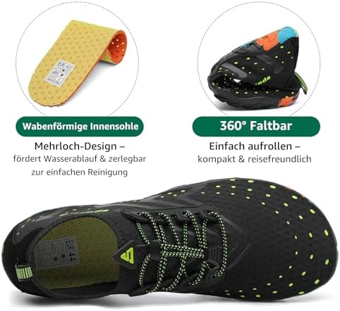 Badeschuhe Damen Herren Wasserschuhe Schwimmschuhe Schnelltrocken Aquaschuhe Strandschuhe Leicht Neoprenschuhe Surfschuhe rutschfeste Tauchschuhe Wassersportschuhe Stil 1:Schwarz Gr.42 EU