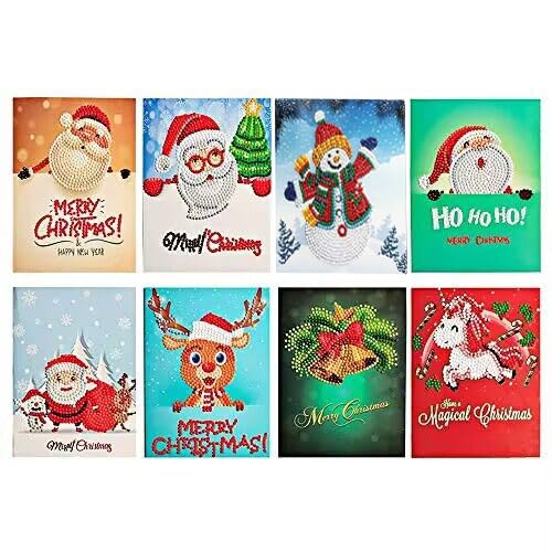 Diamond Painting Christmas Cards Christmas Tree Santa Claus Full Drill New Year Greeting Card Christmas Stickers Embroidery Cross Stitch Christmas Gifts Home Decor (8 Packs)