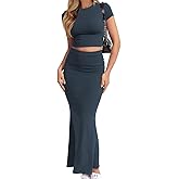 CHYRII Womens Two Piece Sets Short Sleeve Crewneck Cropped Top Bodycon Fold Over Maxi Skirt Maxi Dress Outfit