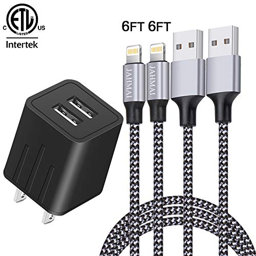 JAHMAI Nylon Braided Fast Charging Cable 2Pack 6feet Data Sync Transfer Cord Phone Connector with Wall Charger Plug Adapter(UL Listed) Compatible Wth Phone XS MAX/XR/XS/X/8/7/Plus/6S/6/SE/5S/Tablet