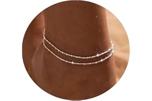 JECOMY Anklet for Women 14K Gold Plated Ankle Bracelets Silver Anklet Waterproof Pearl Cubic Zirconia Rhinestone Heart Beads Herringbone Cuba Link Chain Anklets Dainty Jewelry