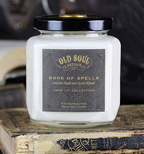 Book of Spells - Old Book Lovers Candle - Antique Library Spellbook Scented Bookish Literary Gift for Bookworms, Readers, Writers, and Literature Bibliophile - 12oz Vegan Soy