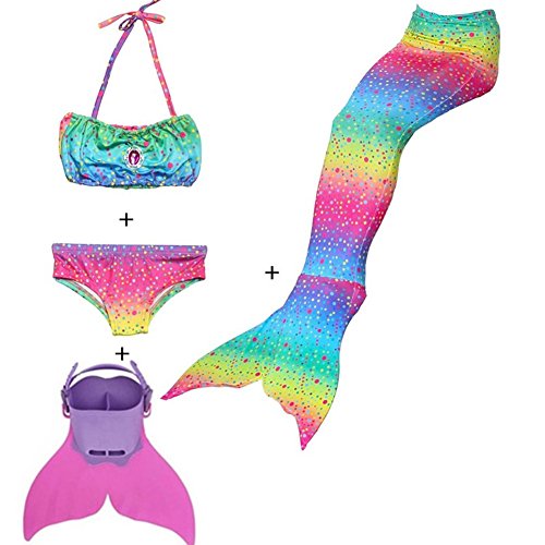 Rainbow Kids Girls Swimmable Tail +Bikini Sets + Monofin Cosplay Gift (130 for 7-8 Years Old Kids) - Thumbnail 5
