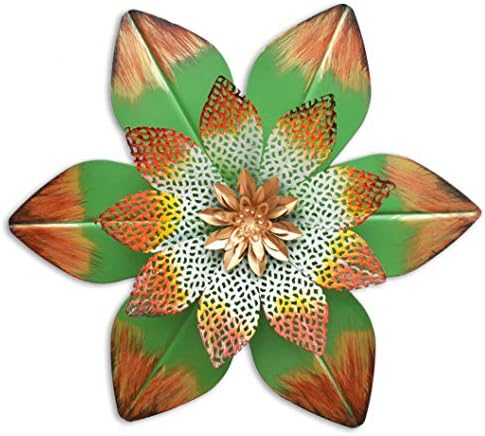 GIFTME 5 Metal Layered Flower Wall Decor Green with Gold Brush Flower Christmas Wall Sculptures(13.5" Green)