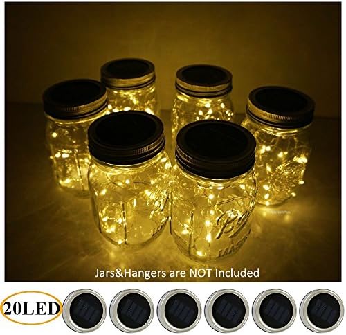 AlleTechPlus 6-Pack 20 LED Solar Powered Mason Jar Fairy Firefly Lights Lids Insert for Patio Yard Garden Party Wedding Christmas Decorative Lighting Fit for Regular Jar's Mouth (Warm White)