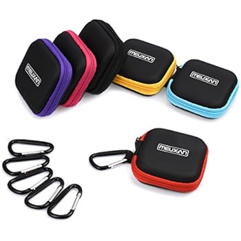 Meuxan 6-Pack Earbud Case Storage Pouch with Carabiner for Earphone USB Cable Flash Drive, 6 Colors