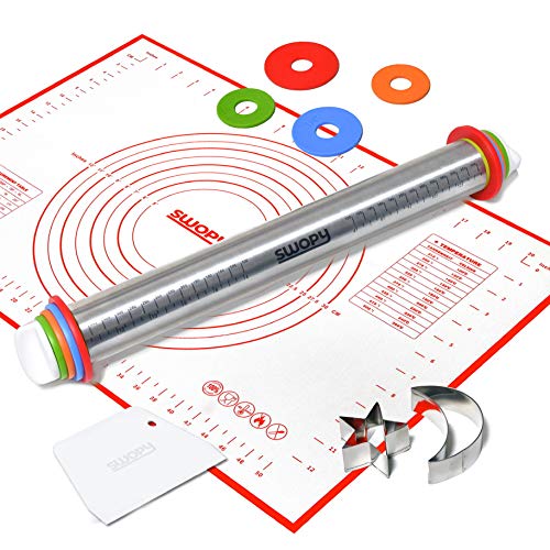 Swopy Rolling Pin, Adjustable Roller with Thickness Rings and Pastry