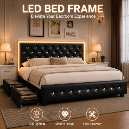 Queen Bed Frame with 4 Storage Drawers, LED Bed Frame with Remote Control Rhythm Sync Light, Adjustable Diamond Tufted Headboard, No Box Spring Needed, PU Black
