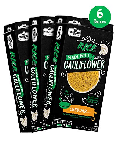 Veggiecraft Farms Cauliflower Rice 6 Pack | 14g Protein, Vegan, Gluten-Free, Non-GMO | Healthy Plant Based Nutrition | Source of Potassium, Fiber, Iron (Cheddar Rice)