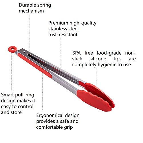 HiramWare Kitchen Tongs Set of 2 - 9 inch & 12 inch - Stainless Steel Food Tongs with Silicone Tips - Premium Locking Non-stick Tongs for Cooking, BBQ, Grilling, Salad - Heavy Duty, BPA Free(Red)