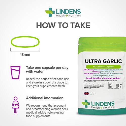 Lindens Ultra Garlic Odourless Capsules - Including Vitamin B1 and D3 - Contributes to Normal Muscle Function, Heart and Immune Health - 120 Capsules, 15000mg Garlic (10500mcg Allicin) - Image 6