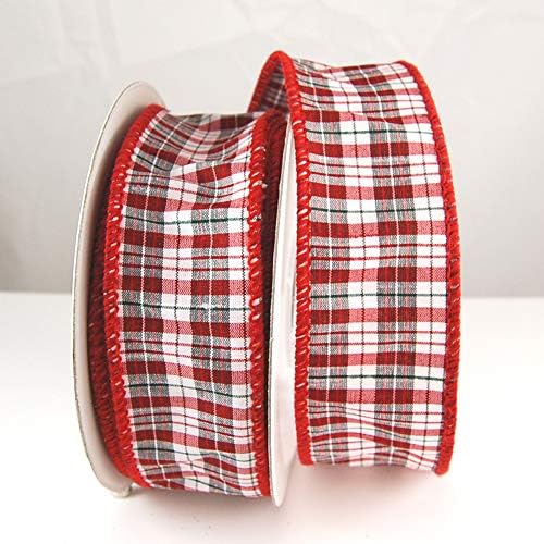Wire Edged Dobbin Red, White and Black Plaid Dupioni Christmas Ribbon 1 1/2" - 10 Yards