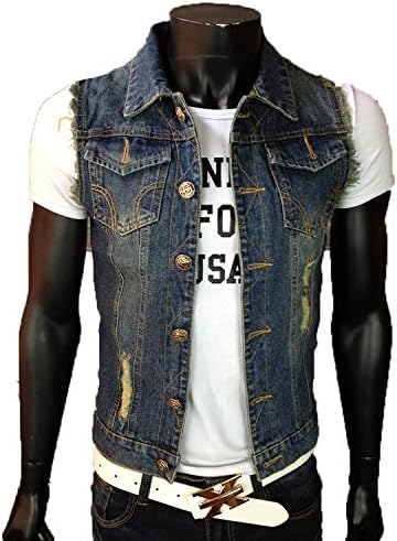 FL Men's Comfortable Casual Slim Fit Retro Demin Jacket Sleeveless Vest Blue (XL)