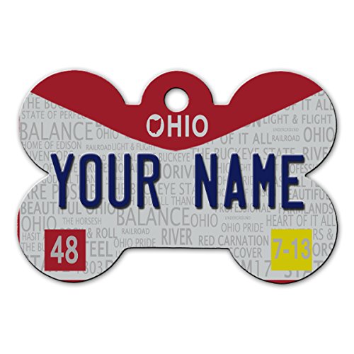 BleuReign(TM Personalized Custom Name 2016 Ohio State License Plate Bone Shaped Metal Pet ID Tag with Contact Information