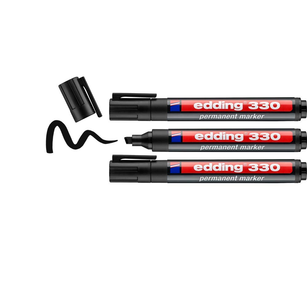 edding 330 permanent marker - black - 3 pens - chisel nib 1-5 mm - waterproof, quick-drying, smear-proof pens - for cardboard, plastic, glass, wood, metal and fabric