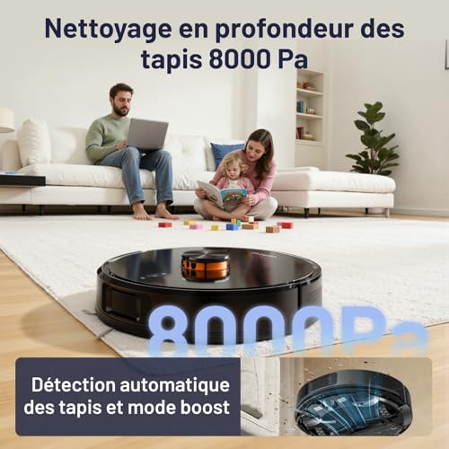VONKO S6 Pro Robot Aspirateur Laveur avec Station de Vidage Automatique, 8000Pa, Navigation LiDAR 2.0, 180min Autonomie, Détection de Tapis, App & Alexa, Idéal Poils d’Animaux & Sols Dur,Noir