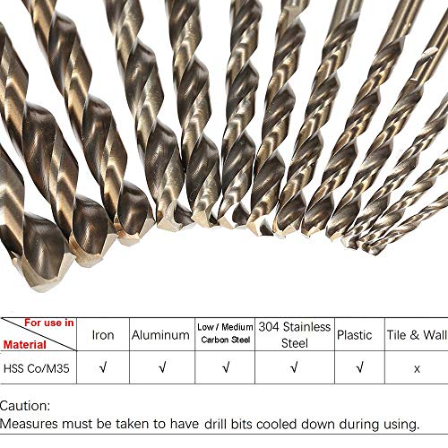 Migiwata 1/16" - 1/4" 13 Piece M35 Cobalt Steel Jobber Twist Drill Bits Set,135° Pilot Split Point, Metal Index Case, Extremely Heat Resistant, to Cut Through Stainless Steel and Cast Iron