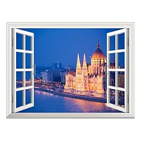 Removable Wall Sticker/Wall Mural - Beautiful View of a Grand Palace by a River at Night | Creative Window View Wall Decor - 24"x32"