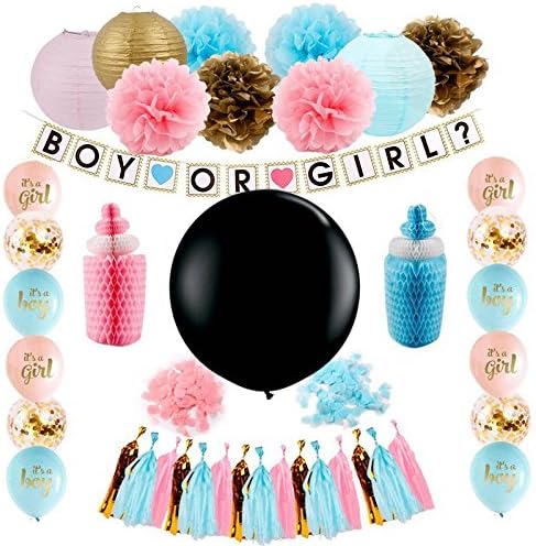 Gender Reveal Party Supplies (42 Pieces) - Baby Shower Decorating Kit, Gender Reveal Balloon, Boy or Girl Banner, Tissue Paper Pom Pom, Tassel Garland and Balloons by Blackdog Mercantile