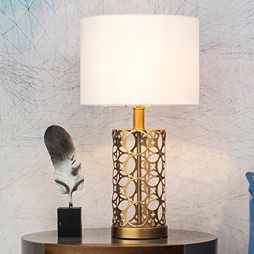 Wtape Golden Hollow Out Base Modern Style Bedroom Table Lamp, Living Room Desk Lamp with White Fabric Shade