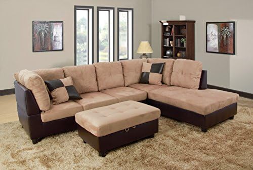 Lifestyle Sectional Sofa Set in Camel Microfiber & Faux Leather Comes with Storage Ottoman and 2 Square Pillows (Left-Sofa F103B)