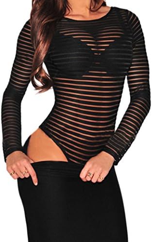 YFFaye Women's Sheer Striped Bodysuit Black M