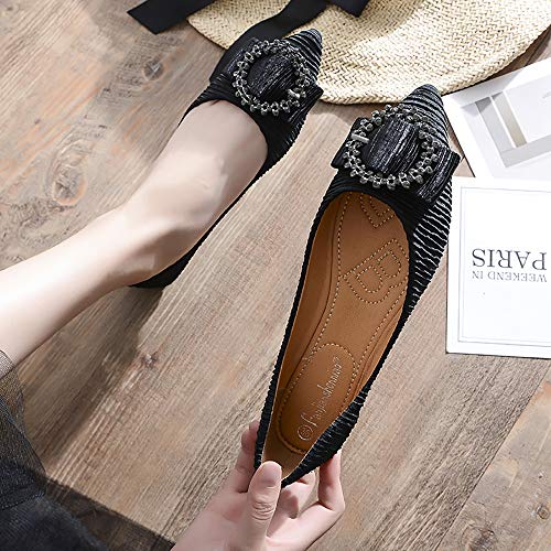 Meeshine Women's Pointy Toe Ballet Flats Comfortable Slip-on Classic Dress Shoes (Classic Buckle-Black US 6)