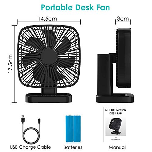 AQSURE Desk Fan Small Table Fan 4 Wind Speed Adjustable & 3 Timing Mode Quiet Operation Portable Fan USB Charging Adjustable Head 90°Rotatable Mini Personal Fan for Home Office Bedroom Camping