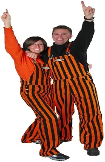 orange and black striped overalls