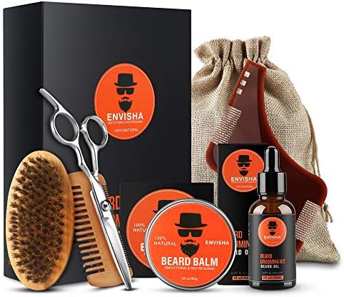Beard Kit for Men Beard Growth Grooming & Trimming with Unscented Leave-in Conditioner Oil, Mustache & Beard Balm Butter Wax, Beard Brush, Beard Comb, Sharp Scissors