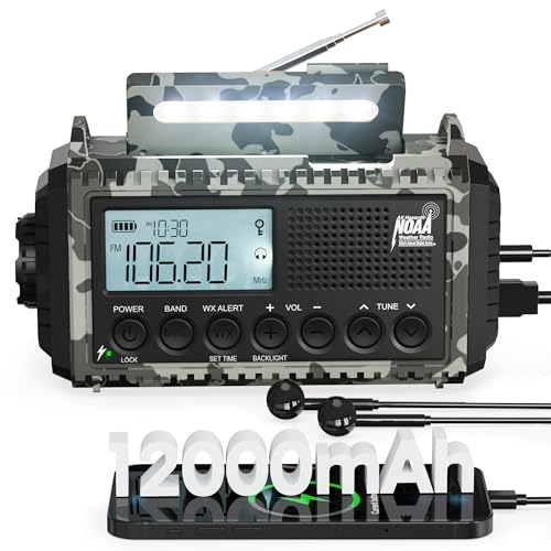 Kurbelradio, 12000mAh Notfallradio, Camping Radio mit Kurbel & Solar, AM/FM