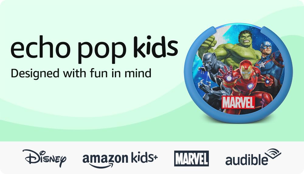 Amazon Echo Pop Kids (newest model), Designed for kids, with Alexa+ Early Access, parental controls, Includes 6 months of Amazon Kids+, Marvel's Avengers