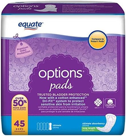 Equate Options Pads Ultimate Long Length, 45 Pads (Compare to Poise Pads)