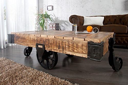 Wood Dekor Industrial Coffee table Wheels, Mango Natural & Iron Tyre in Black Color, 118x70x35 Cms