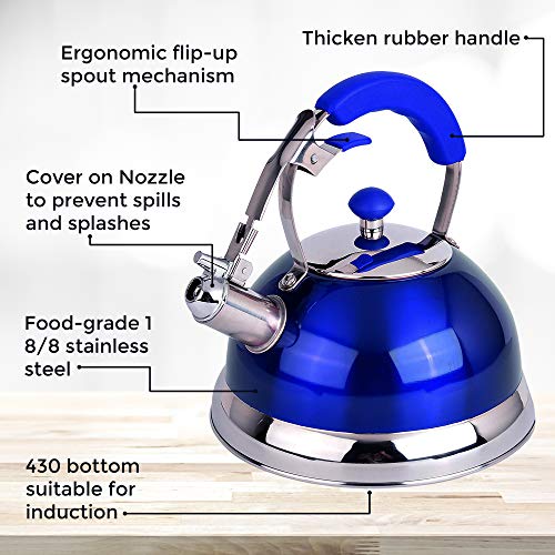 Premium Quality 18/8 Food Grade Heavy Gauge Blue Stainless Steel Whistling TEA KETTLE with Ergonomic Soft Grip Anti-Hot Handle BY UNIWARE- Stovetop pot 2.7 qt. 12 Cup Teapot - Thumbnail 5