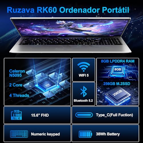 2026 Laptop 15.6 Inch Celeron N5095 Win11 Pro 8GB 256GB SSD | Expansion 1TB 5G WiFi FHD BT4.2 2.9 GHz HDMl USB 3.0 Portable with Wireless Mouse and Spanish Keyboard Membrane - Silver