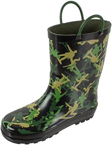 Rainbow Daze Kids Rain Boots Army Soldier Print, Waterproof with Easy-on Handles 100% Rubber, Camo Print, Toddler Size 7/8