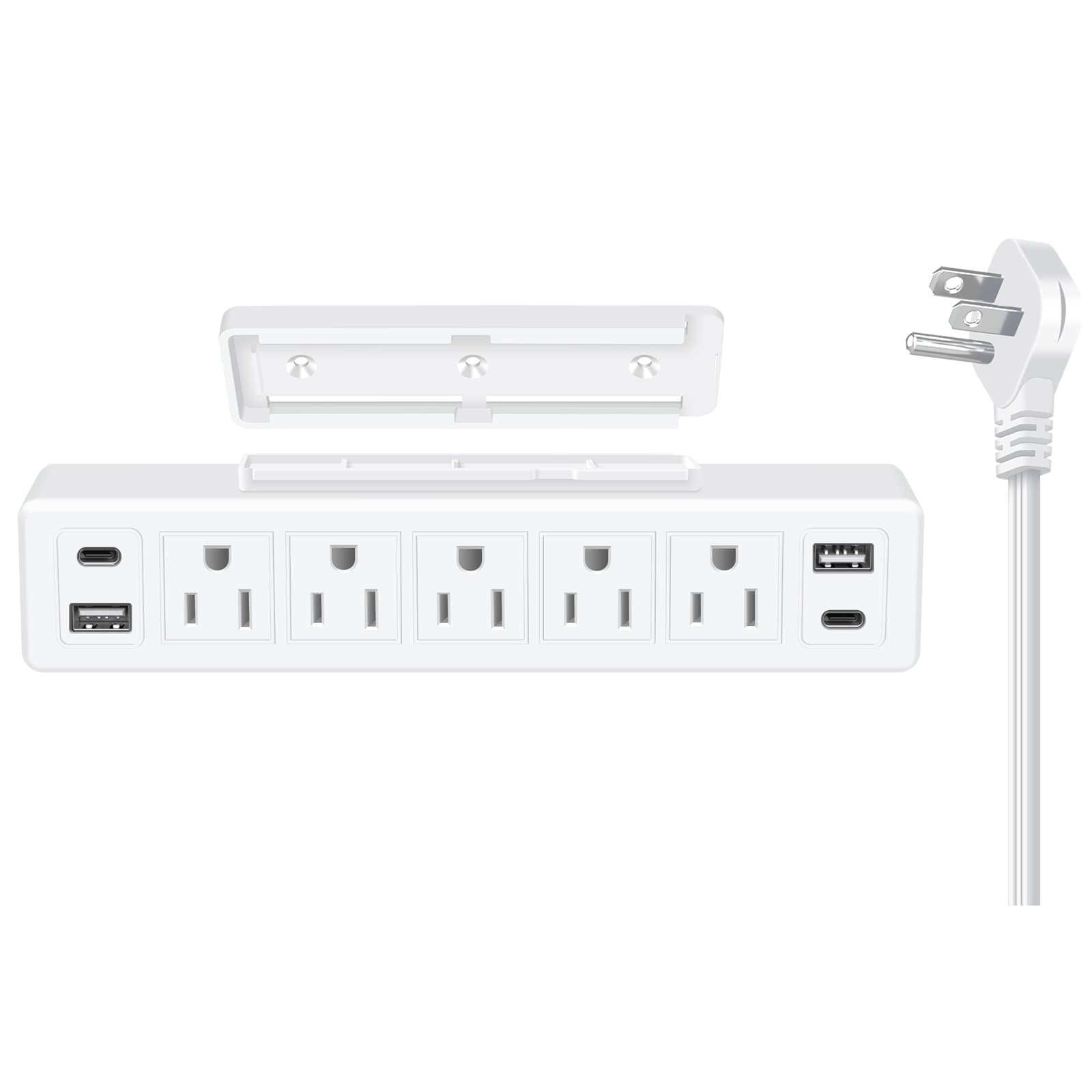 Photo 1 of 40W Under Desk Power Strip Mountable,20W USB-C Fast Charging Flat Plug Power Strip Surge Protector 1200J,9 in 1 Desk Outlet,5 Outlets,2 USB-C,2 USB-A,6FT Extension Cord White