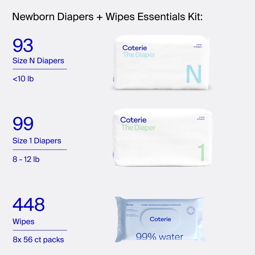 Coterie Baby Wipes + Diapers Kit, Size 1 (99 Count) & Size Newborn Diapers (93 Count), 8 Pack (448) Baby Wipes with 99% Water, Plant Based Materials, Hypoallergenic for Sensitive Skin