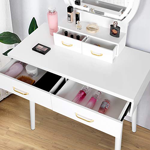 amzdeal Vanity Set with Lighted Mirror, Makeup Vanity Dressing Table with Touch Screen Dimming Mirror, 3 Color Lighting Modes 4 Drawers Dresser Desk and Cushioned Stool Set - White