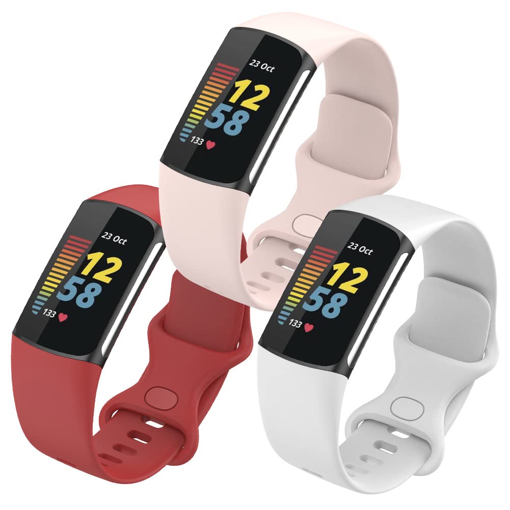 FunBand Straps Compatible with Fitbit Charge 5 Strap, Soft Silicone Sport Replacement Band Adjustable Wristband fit Compatible with Fitbit Charge 5 Activity Tracker for Women Men, 3-Pack
