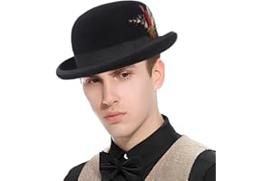 GLAKJGIY Men's Wool Bowler Hats - Felt Derby Dress Hat - Rolled Brim Fedora with Feather