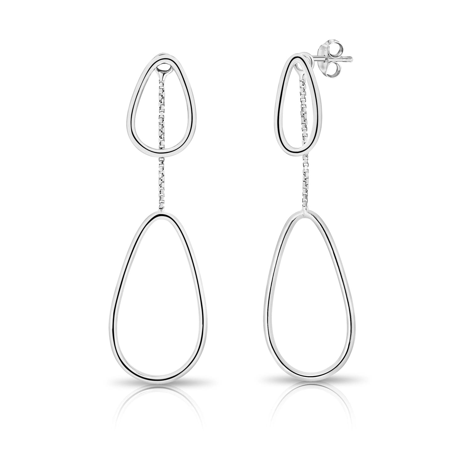 DTPSilver - 925 Sterling Silver Rodium Plated Dangling Double Teardrop Studs Earrings