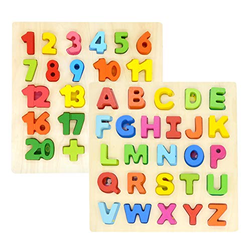 GEMEM Alphabet Puzzle Wooden Upper Case Letters ABC and Number Learning Blocks Board Toys for Toddlers Preschools Above 2 Year Old Pack of 2
