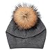 QUEENFUR Women Knit Wool Beanie - Winter Fashion Solid Wool Hats Real Removable Raccoon Fur Pom Pom Warm Ski Beanie (Drak Grey)