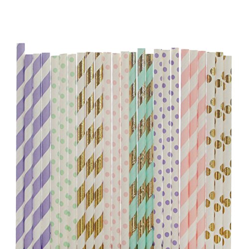 Unicorn Paper Straw Mix (lavender stripe mint polka dot, gold foil stripe, small light pink polka do - //coolthings.us