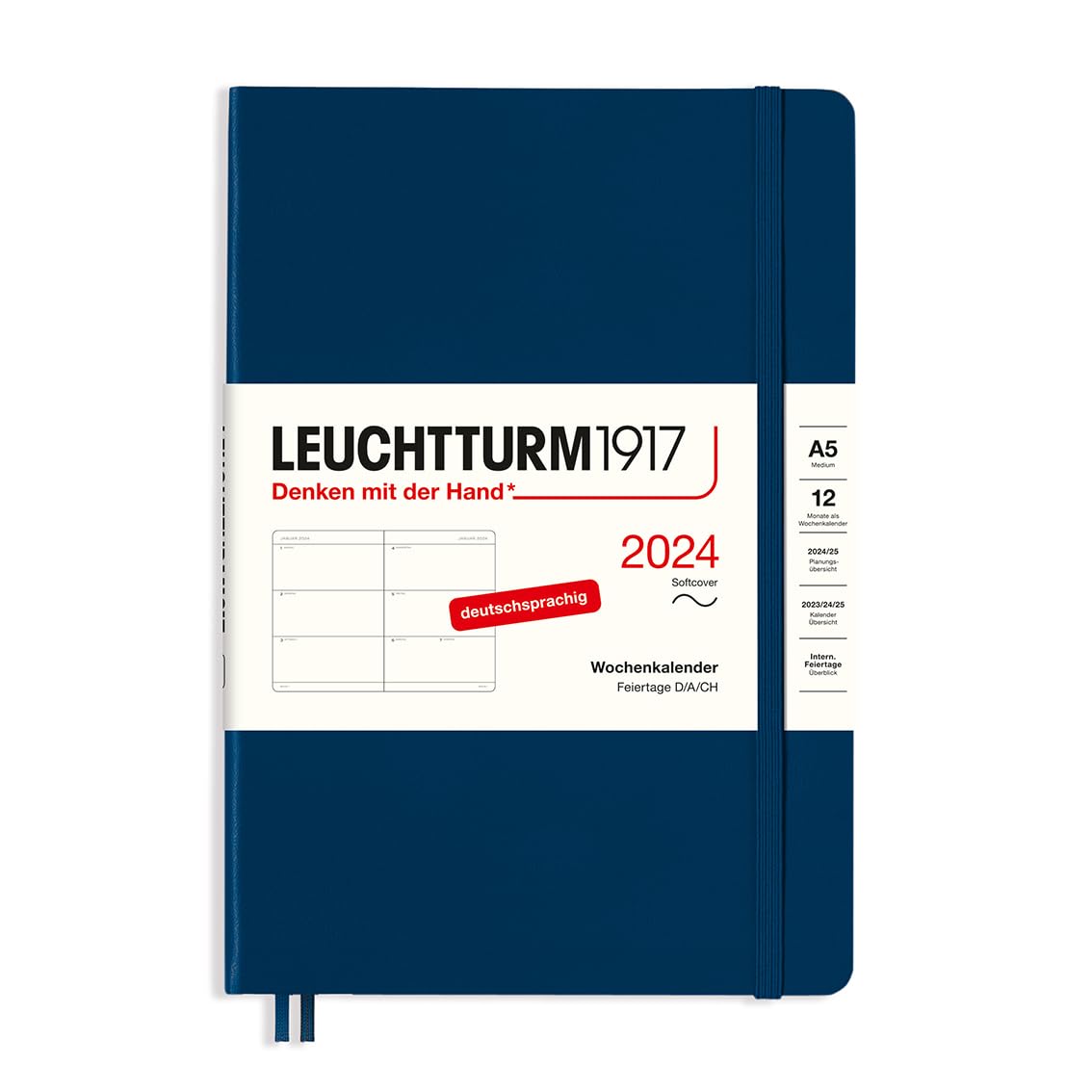 LEUCHTTURM1917 367655 Weekly Planner Medium (A5) 2024, Soft Cover, Navy, German, 12 Months