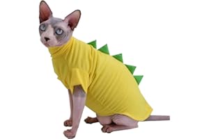 KITIPCOO Dinosaur Design Sphynx Hairless Cat Clothes Cute Breathable Summer Cotton Shirts Cat Costume Pet Clothes,Round collar Kitten T-Shirts with Sleeves, Cats & Small Dogs Apparel (S (2-3.5 lbs), Yellow)